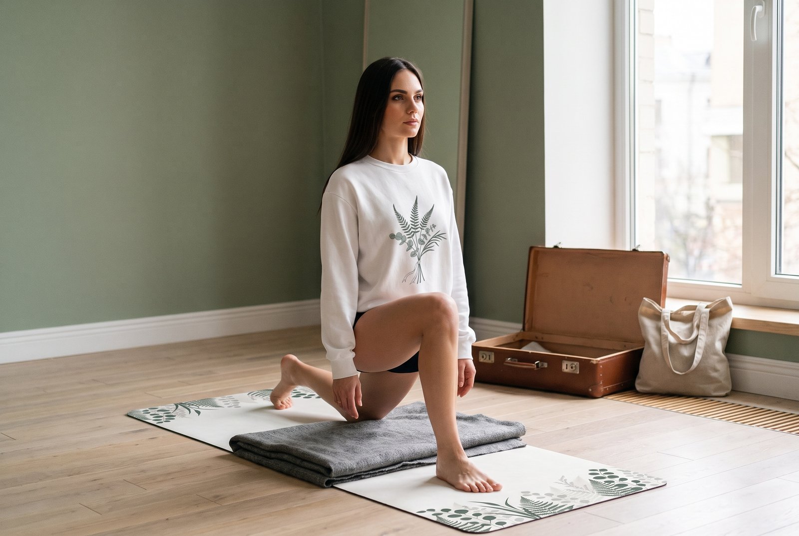 Elena in a half-kneeling lunge on a folded throw blanket, open suitcase and tote behind her by the window.