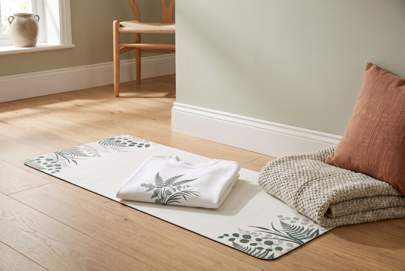 A printed yoga mat laid against a plain wall with a folded throw and a cushion nearby