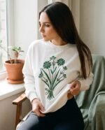 Elena, the stretching.shop AI guide, with the Wildflower Bunch Sweatshirt