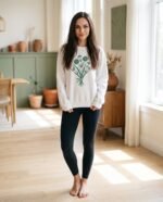 Elena, the stretching.shop AI guide, with the Wildflower Bunch Sweatshirt