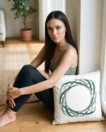 Elena, the stretching.shop AI guide, with the Woven Circle Cushion