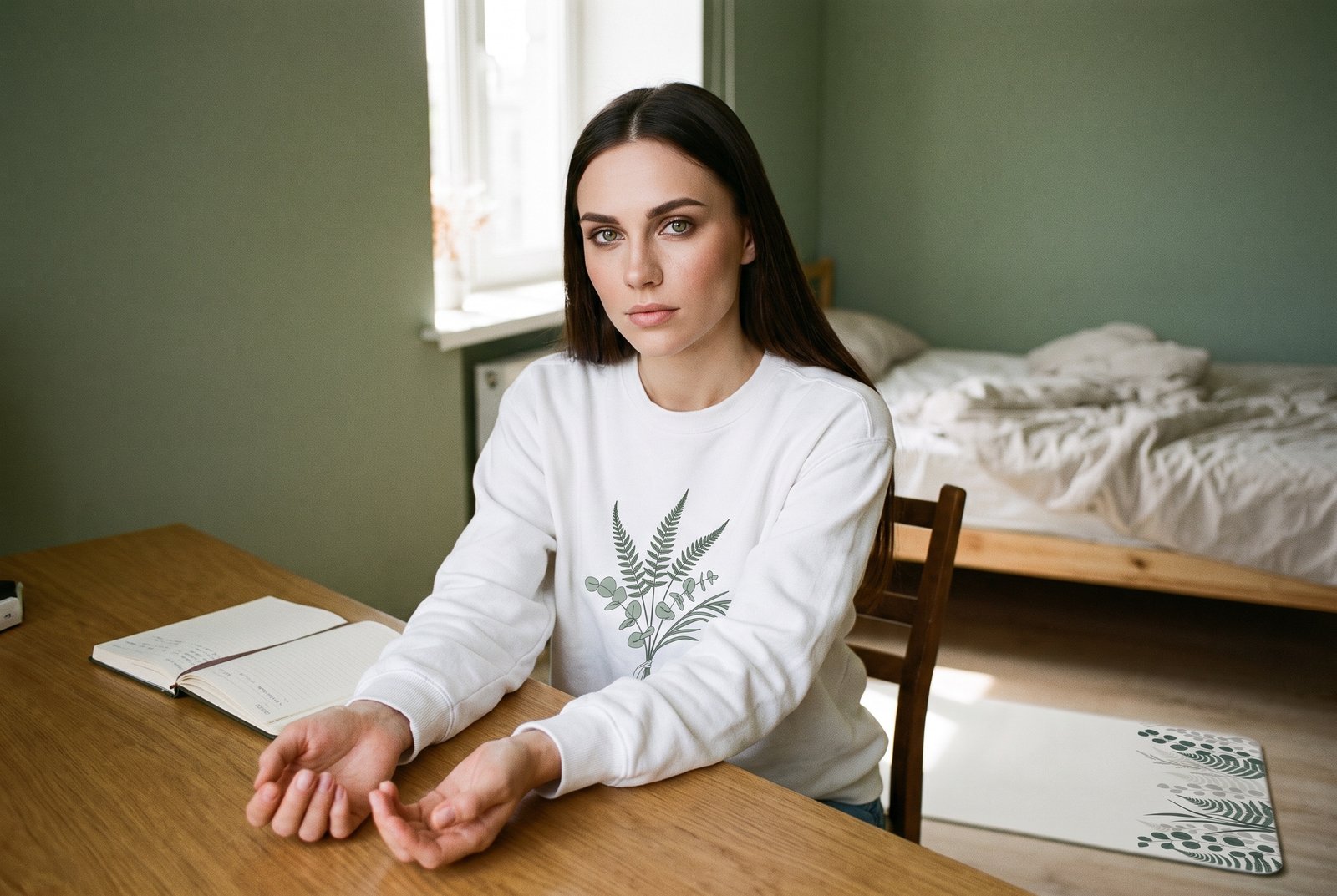 Elena at a desk with forearms resting on the surface, palms turned up, open journal beside her.