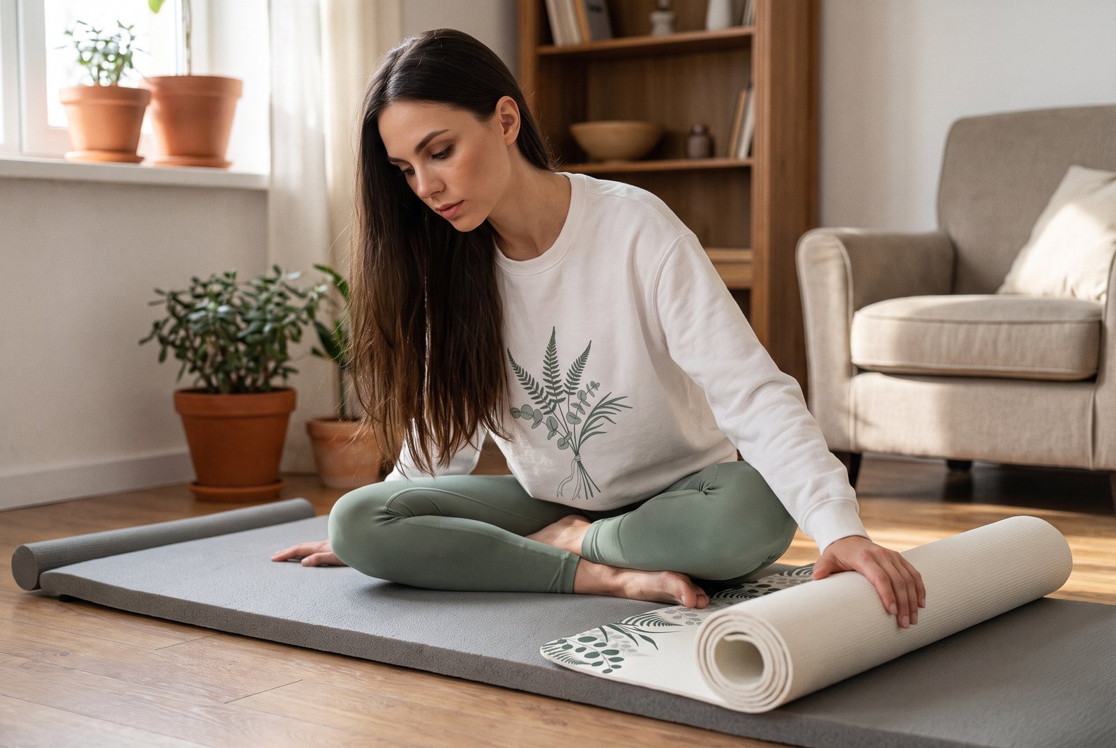 A printed yoga mat half unrolled beside a thicker grey exercise mat on a wooden floor